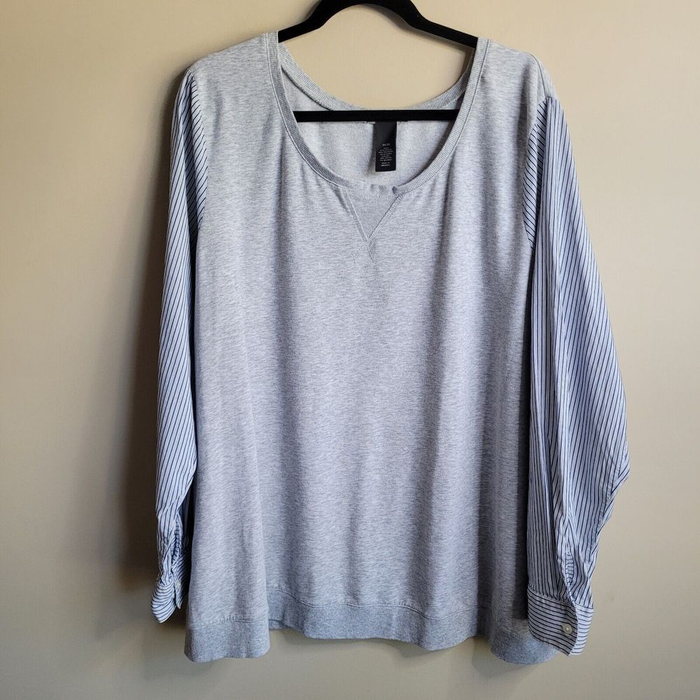Lane Bryant Womens Blouse Plus Size 26 28 Gray Striped Long Sleeves Mixed Media
